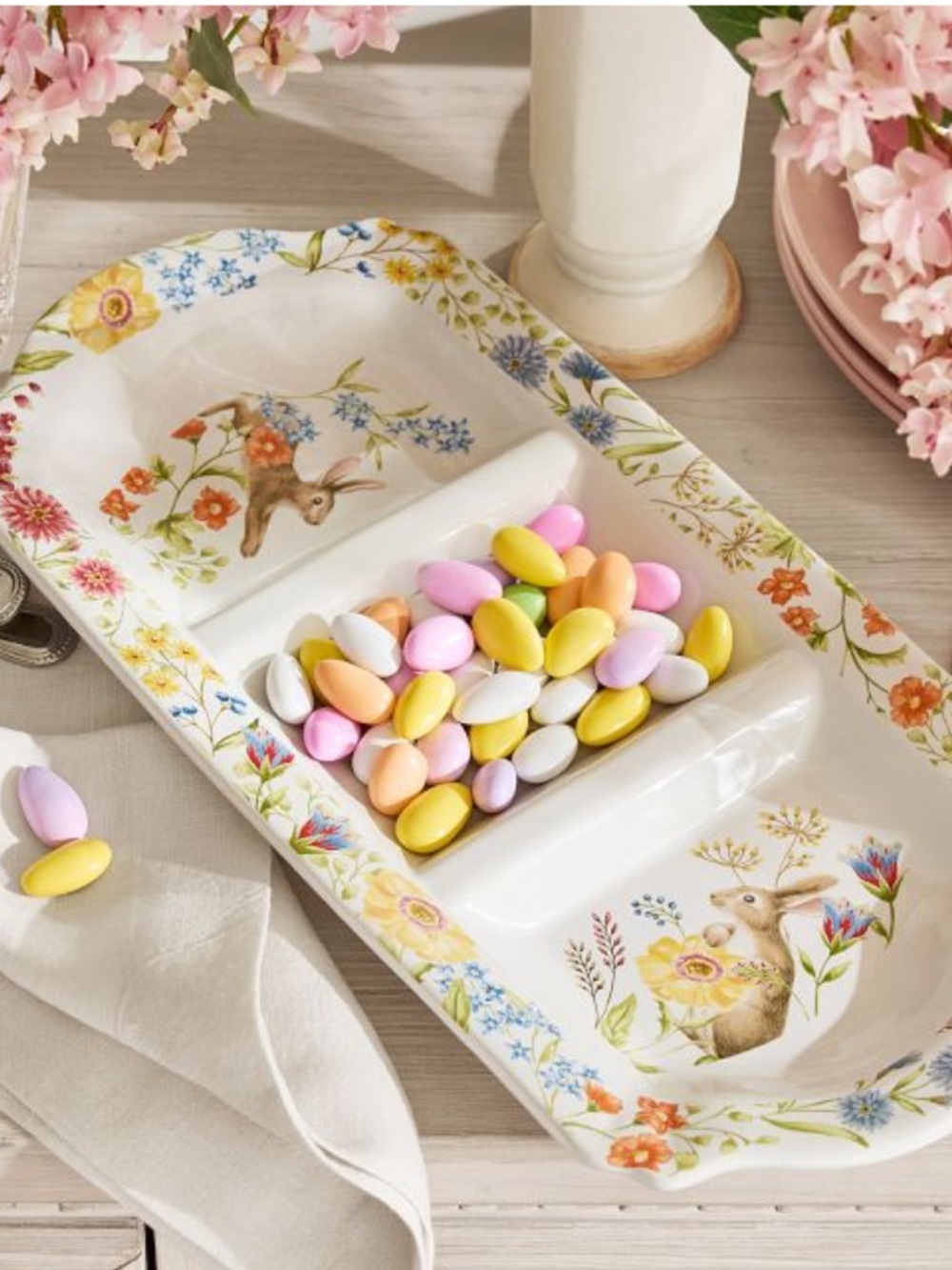 Pottery Barn Spring Garden Floral Bunny Stoneware Serving Dish Spring Summer New